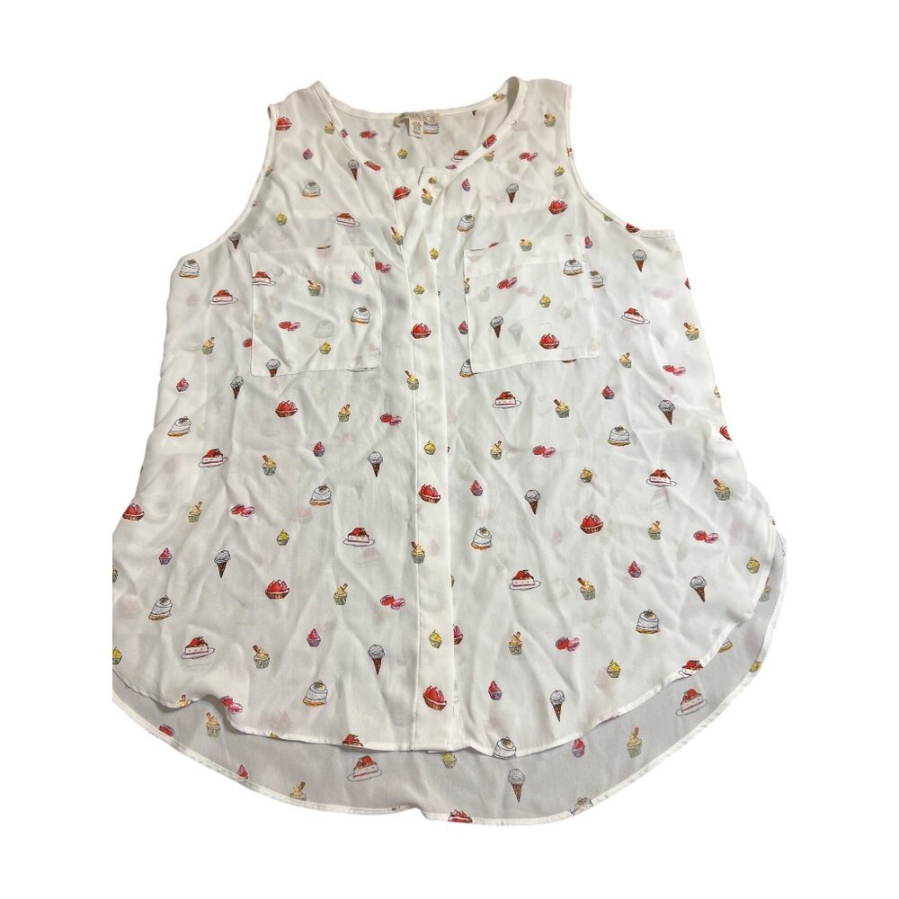 Lila Rose Womens Sleeveless Blouse Dessert Print Button Front Polyester Size M